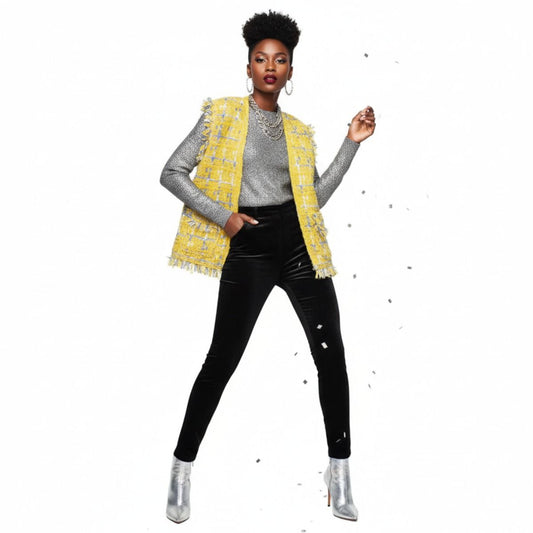 Gold Threaded Luxe Plaid Tweed Mustard Vest