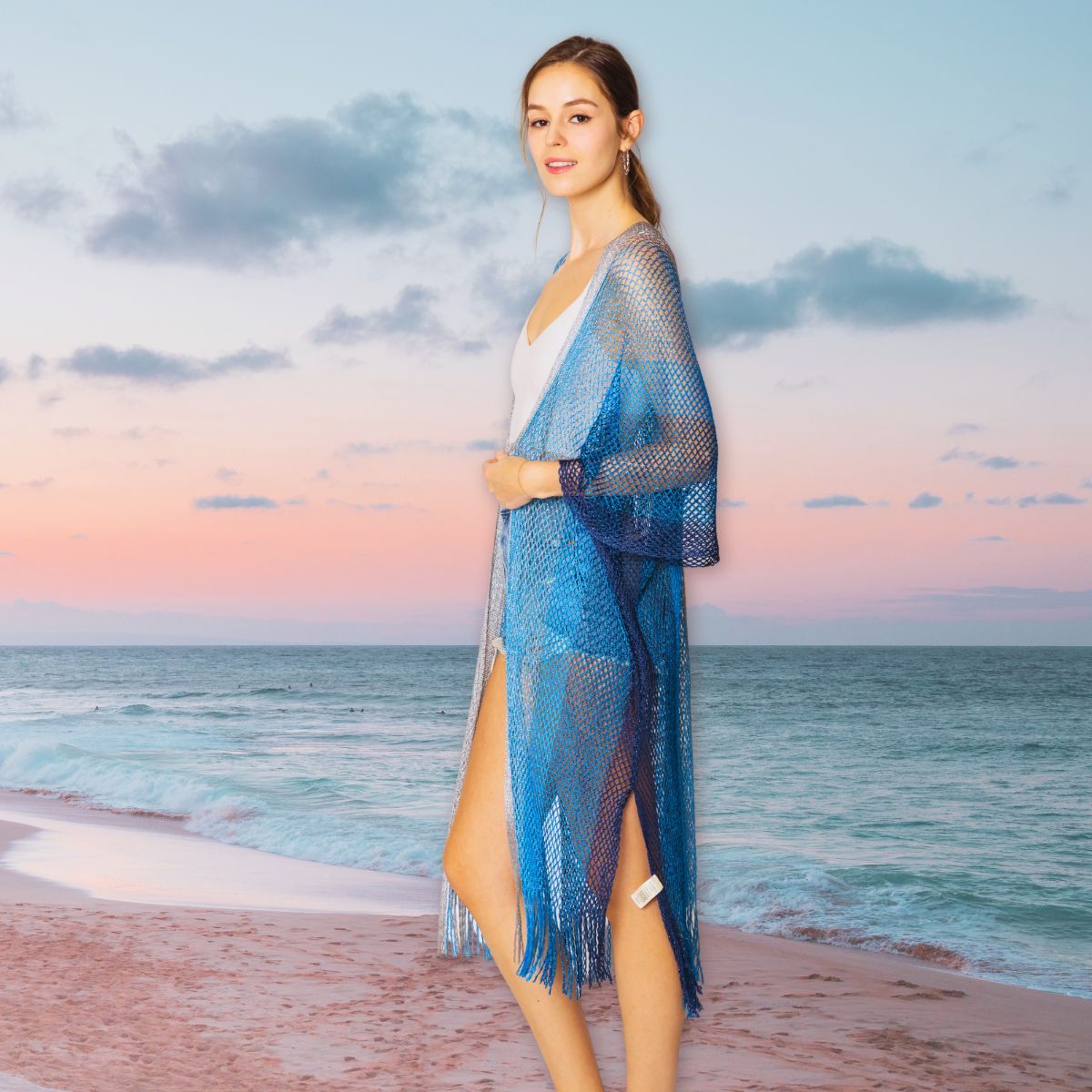 Kimono Lurex Stripe Blue Fringe for Women - Premium Wholesale Fashion Accessories from Pinktown - Just $17! Shop now at chiquestyles
