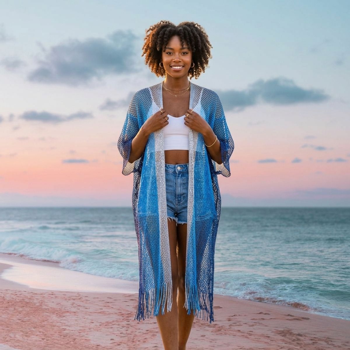 Kimono Lurex Stripe Blue Fringe for Women