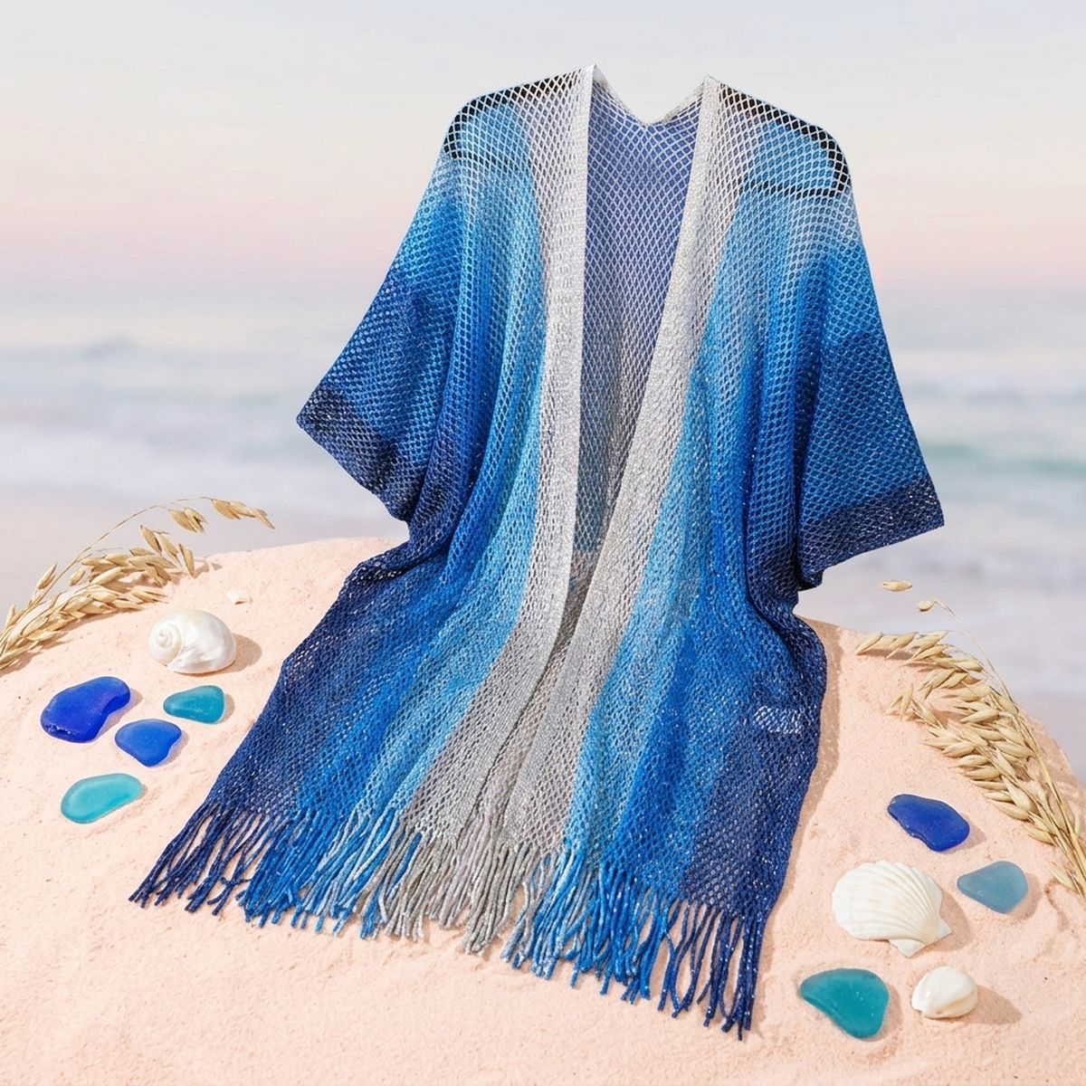 Kimono Lurex Stripe Blue Fringe for Women