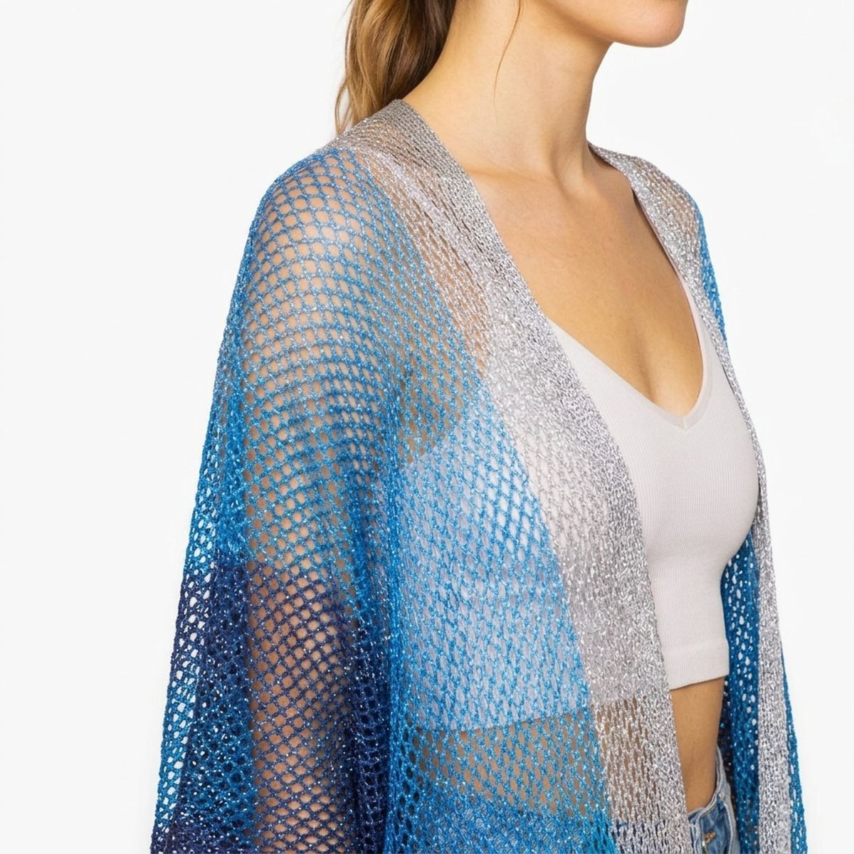 Kimono Lurex Stripe Blue Fringe for Women