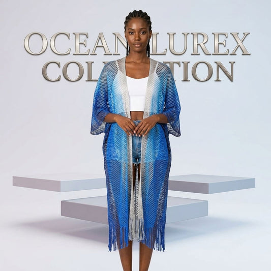 Kimono Lurex Stripe Blue Fringe for Women