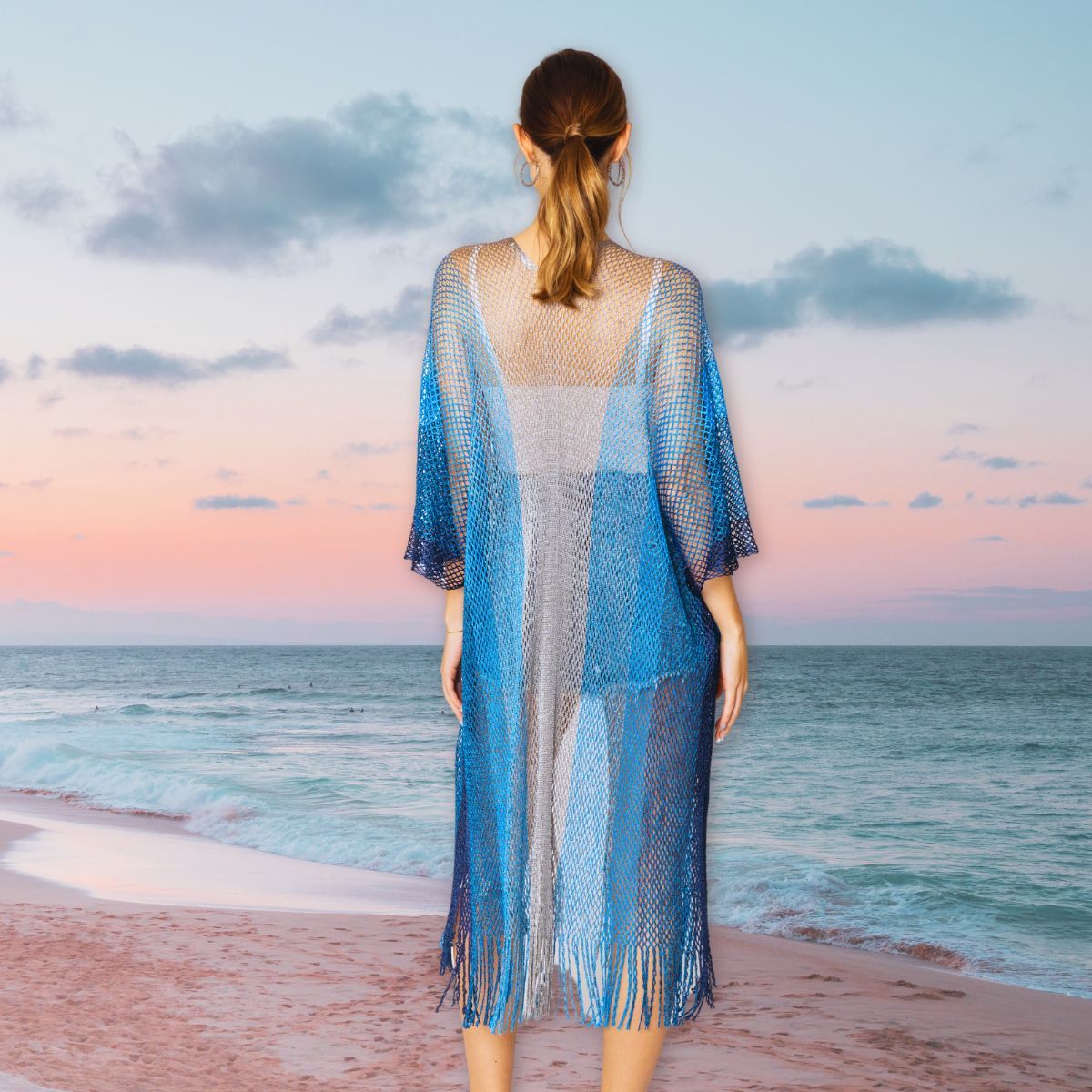 Kimono Lurex Stripe Blue Fringe for Women - Premium Wholesale Fashion Accessories from Pinktown - Just $17! Shop now at chiquestyles