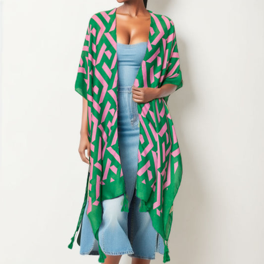 Kimono Geo Print Pink and Green for Women - Premium Wholesale Fashion Accessories from Pinktown - Just $24! Shop now at chiquestyles