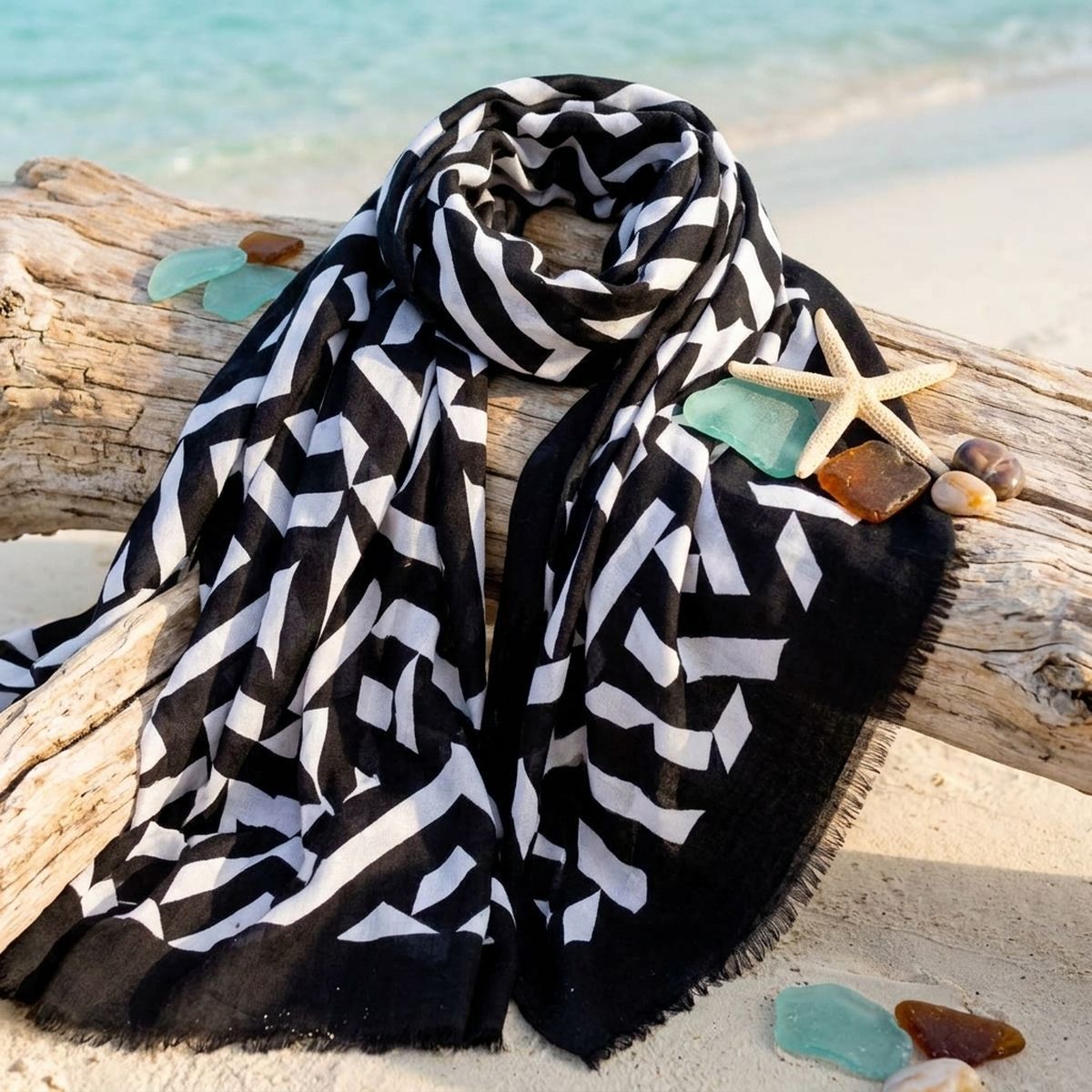 Scarf Wrap Geo Print Black and White for Women