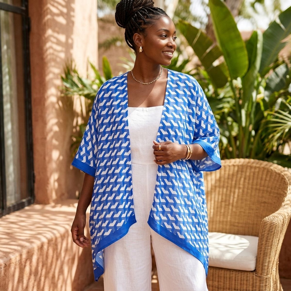 ZPB Sorority Kimono Blue White Block Print Women