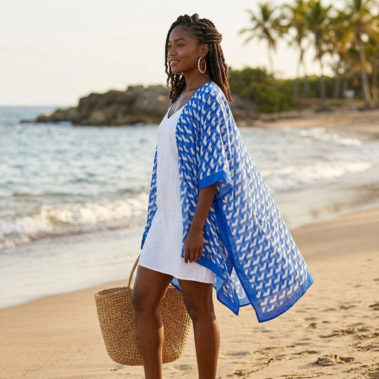 ZPB Sorority Kimono Blue White Block Print Women