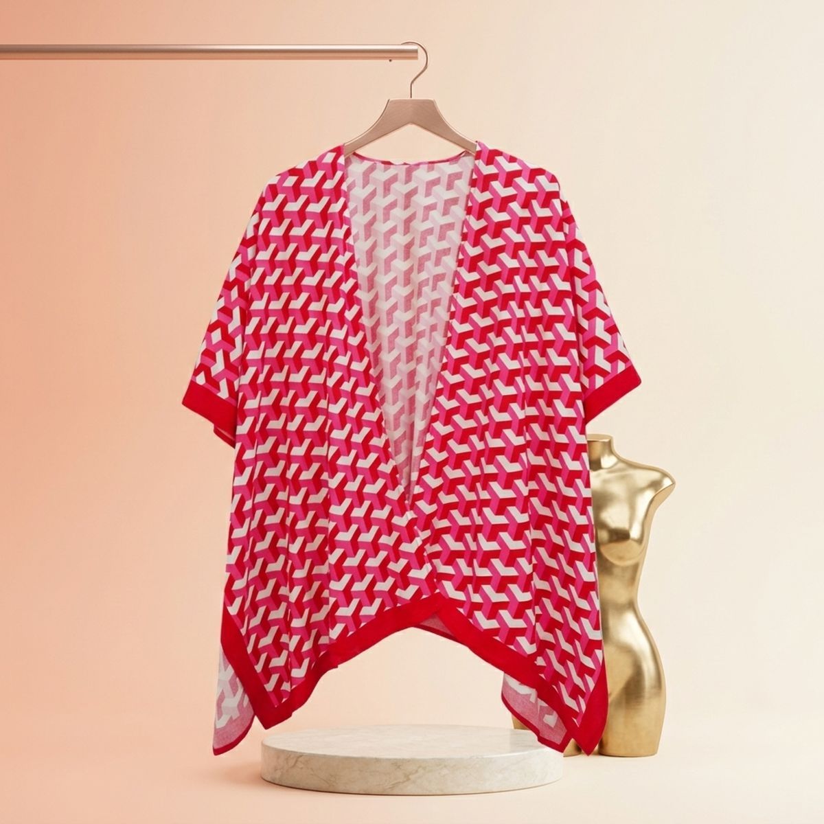 DST Sorority Kimono Red White Block Print Women