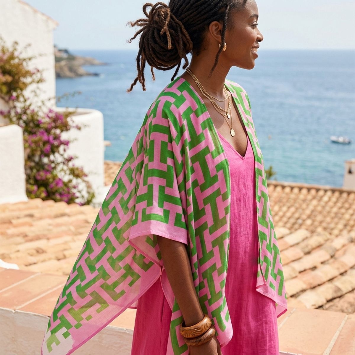 AKA Sorority Pink Green Geometric Viscose Kimono
