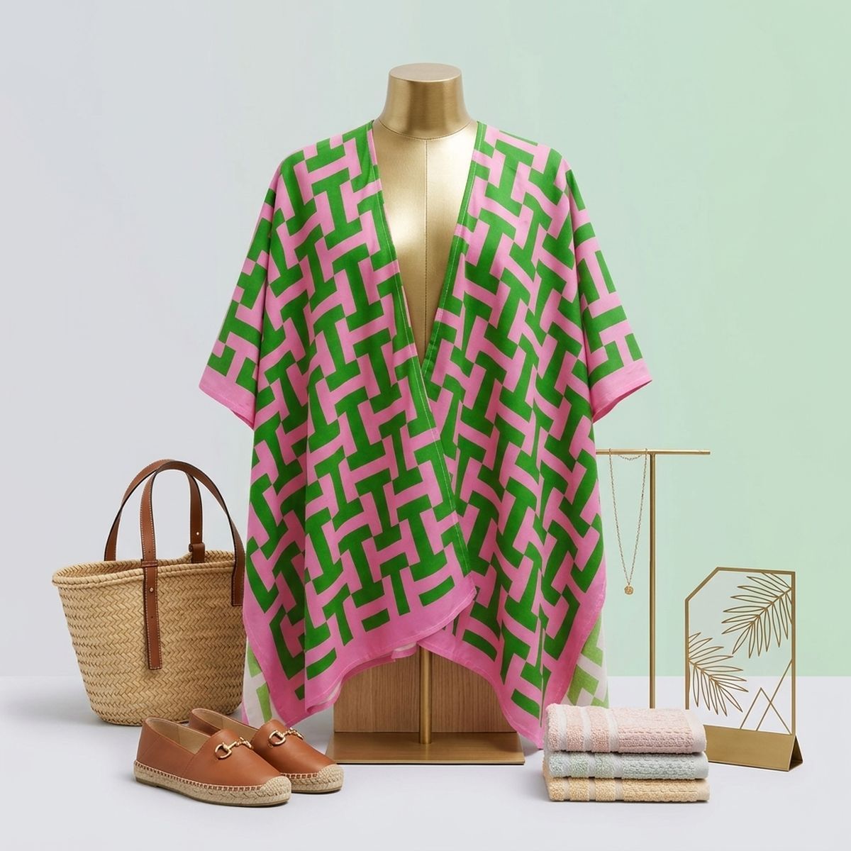 AKA Sorority Pink Green Geometric Viscose Kimono