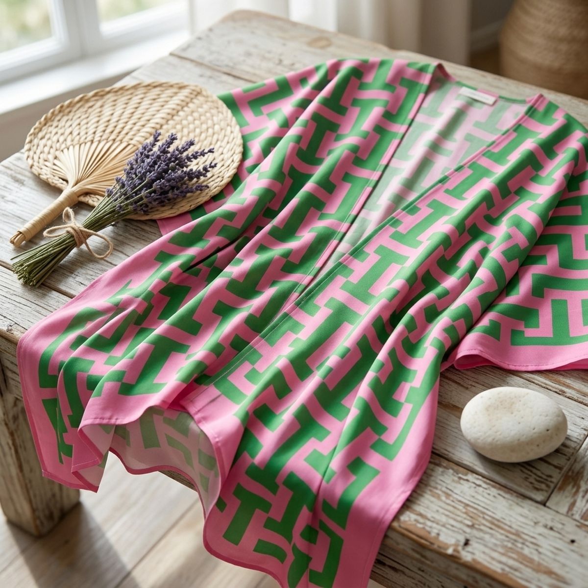 AKA Sorority Pink Green Geometric Viscose Kimono