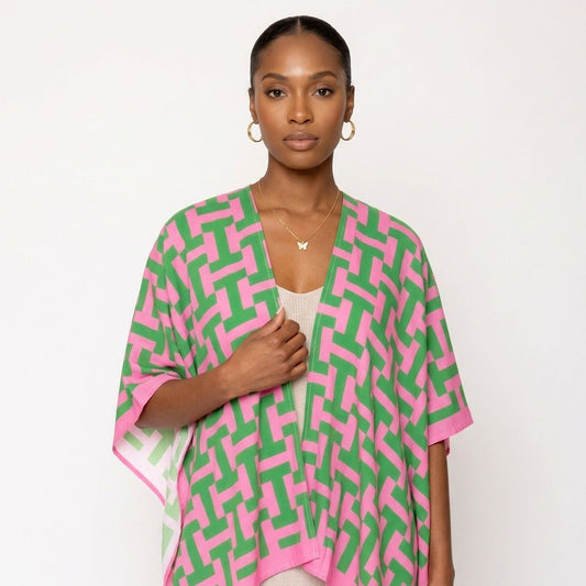 AKA Sorority Pink Green Geometric Viscose Kimono
