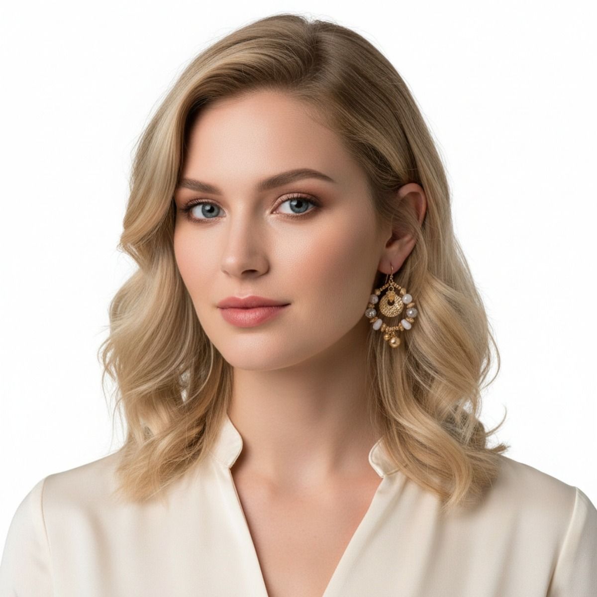 Gold Beaded Oval Earrings