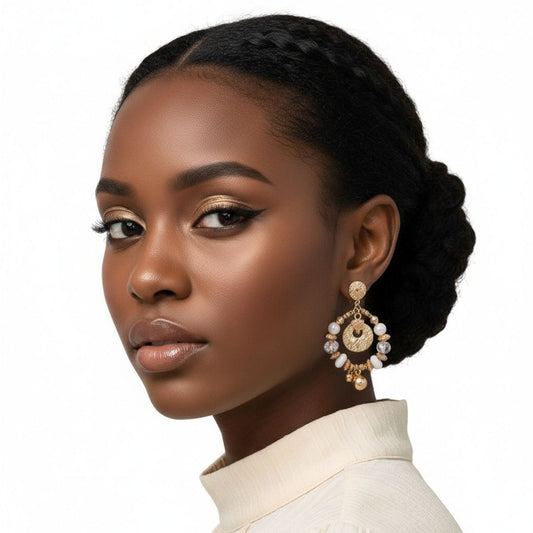 Gold Beaded Oval Earrings