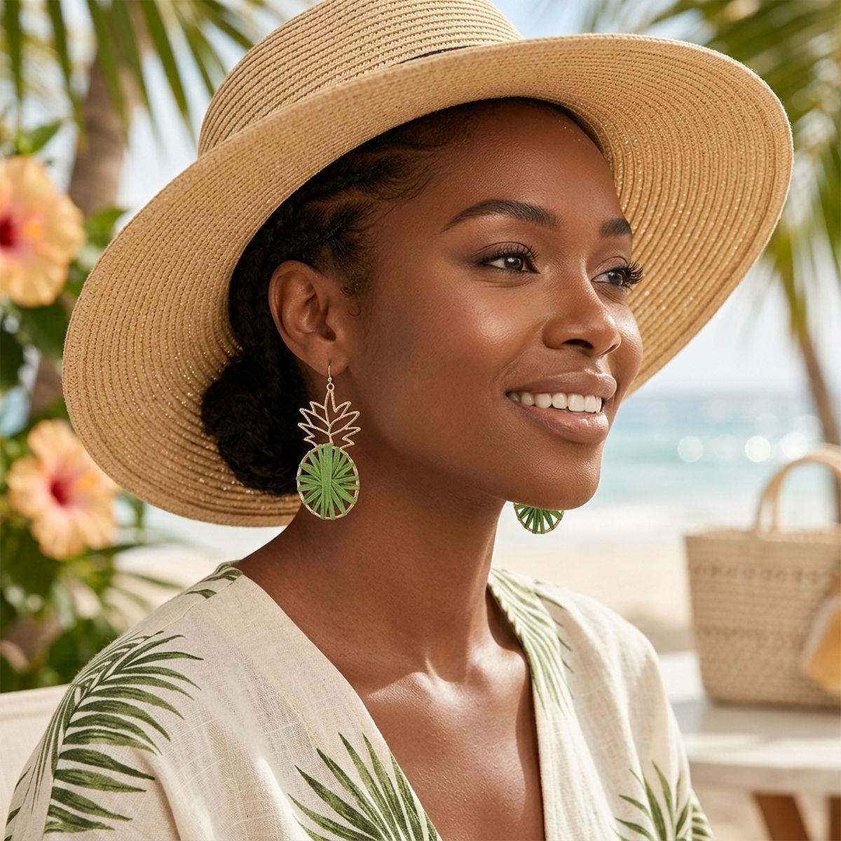 Green Raffia Pineapple Earrings