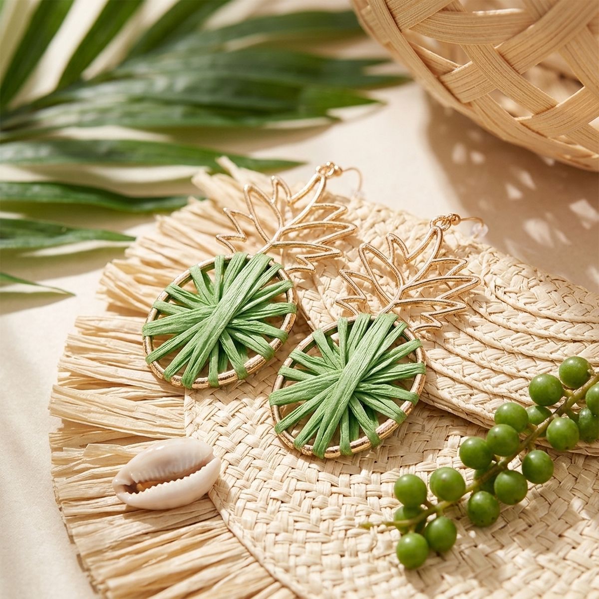 Green Raffia Pineapple Earrings
