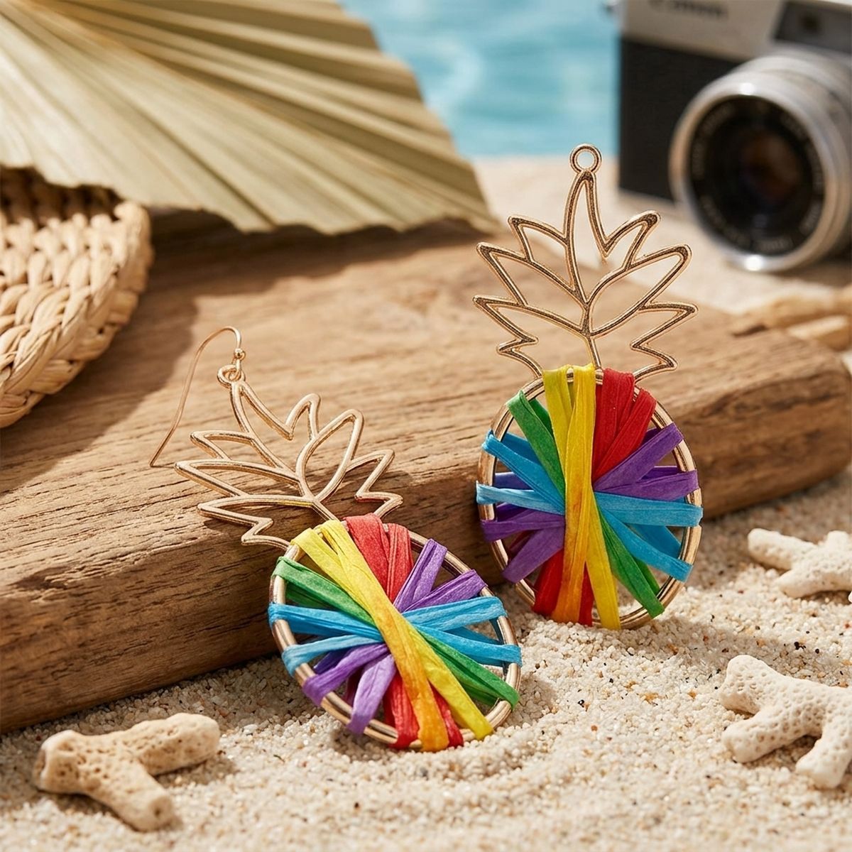 Rainbow Raffia Pineapple Earrings