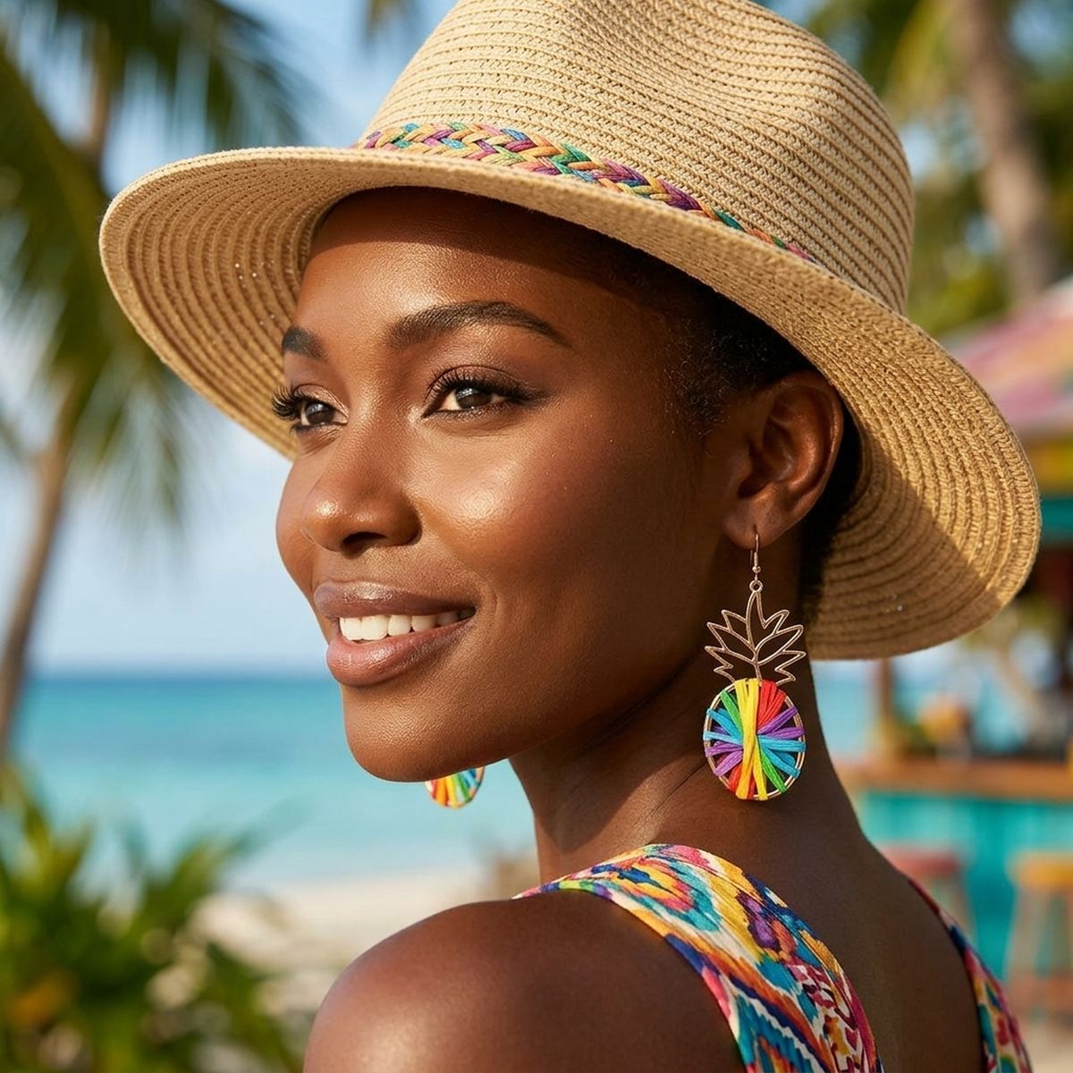 Rainbow Raffia Pineapple Earrings
