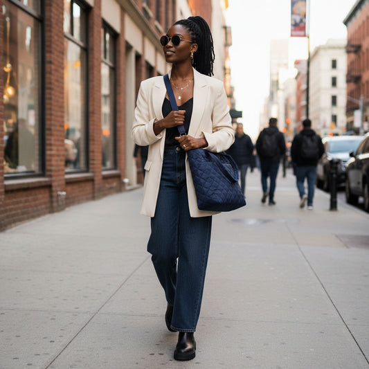 Tote Bag Navy Quilted Large Pocket Travel Purse