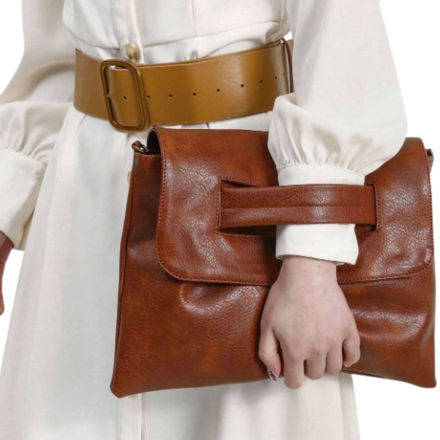 Clutch Bag Large Brown Hand Strap Flap Purse