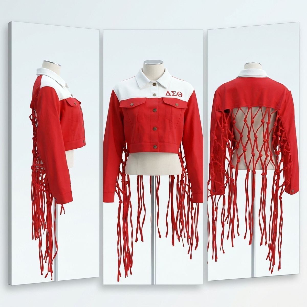 DST Apparel Large Red White Denim Fringe Jacket