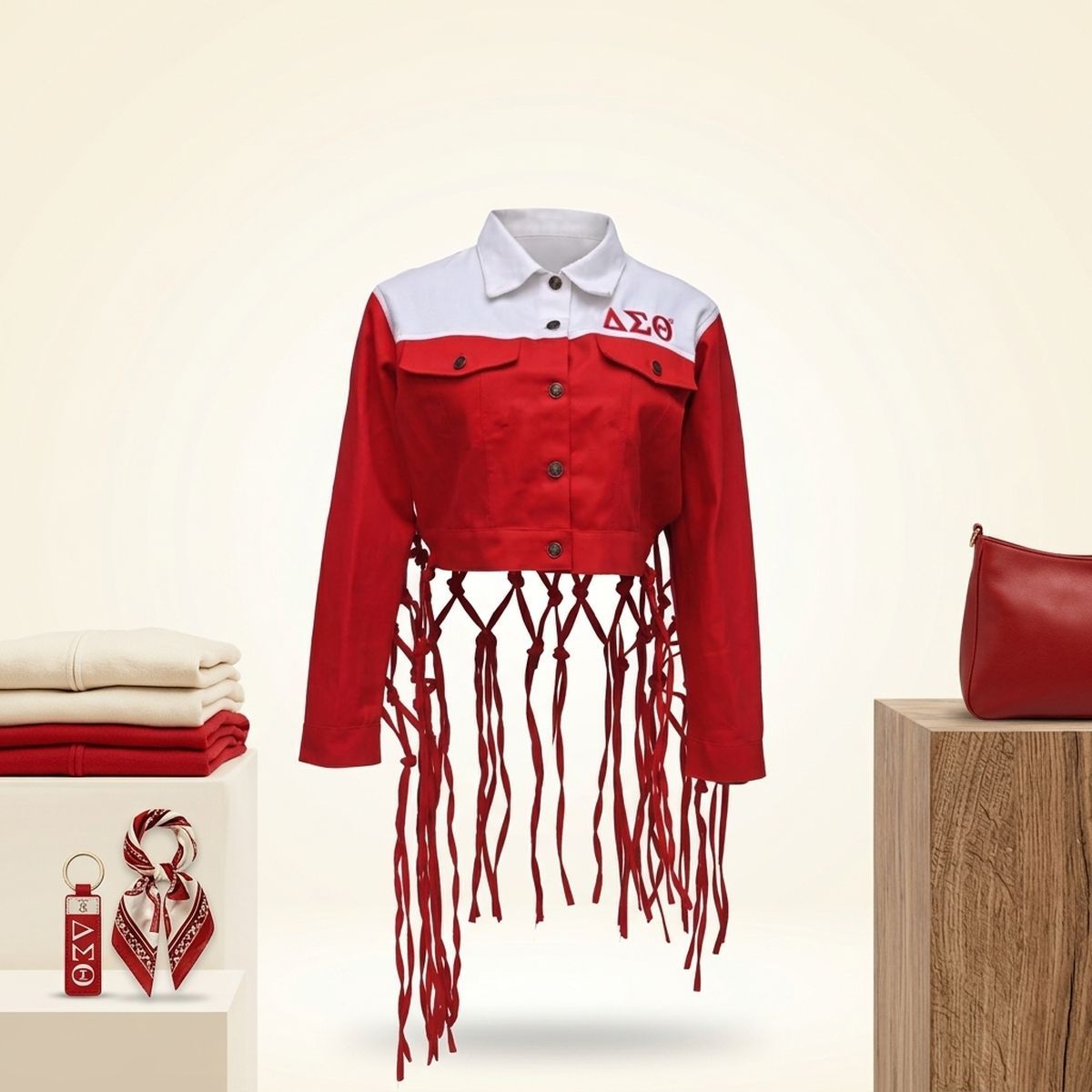 DST Apparel Medium Red White Denim Fringe Jacket