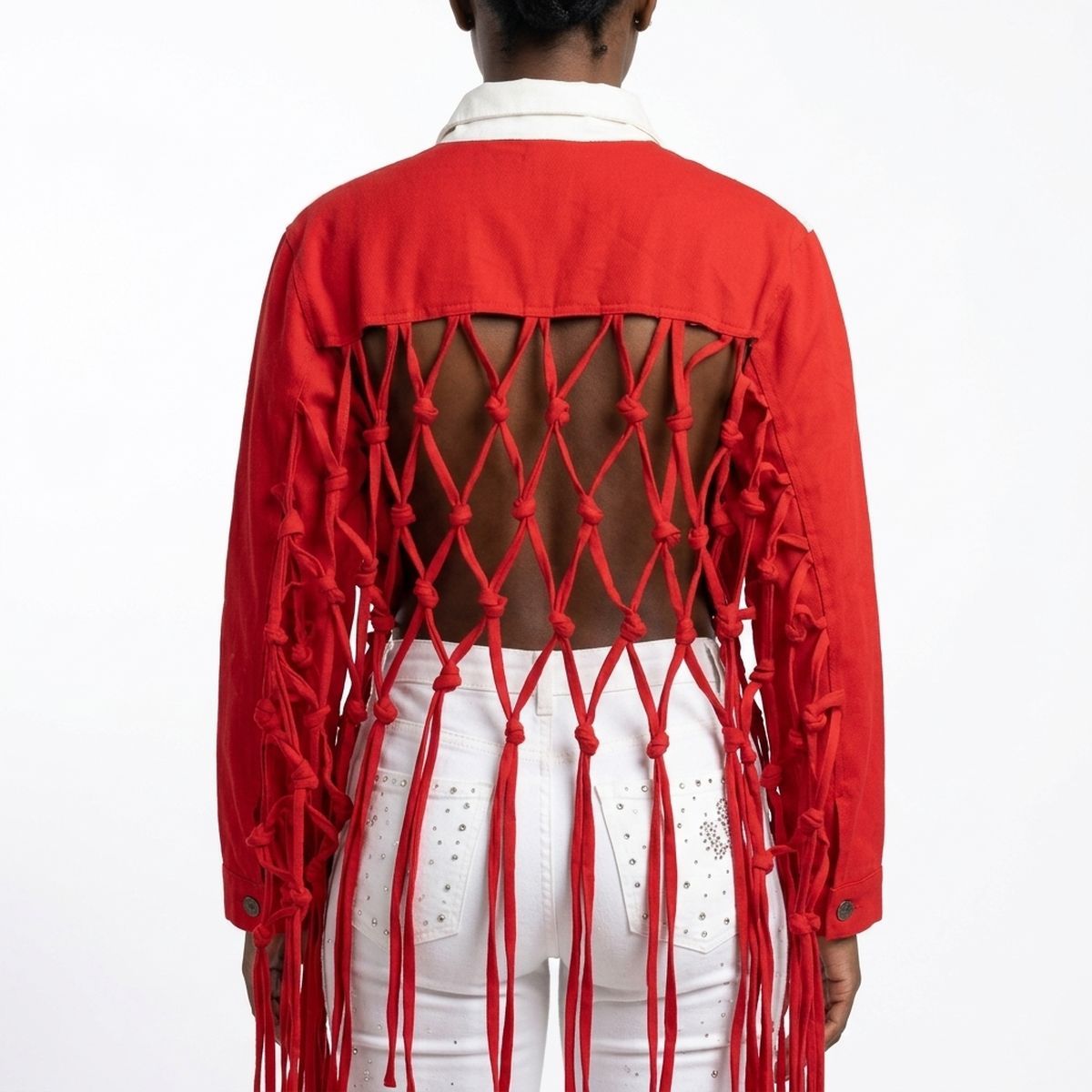 DST Apparel Small Red White Denim Fringe Jacket