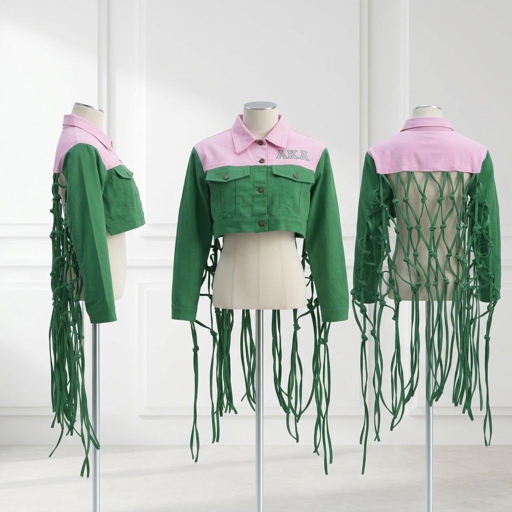 AKA Apparel 2XL Pink Green Denim Fringe Jacket