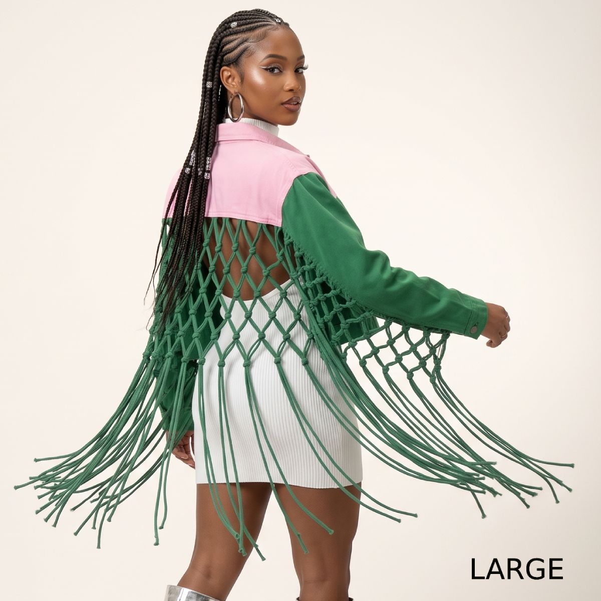 AKA Apparel Large Pink Green Denim Fringe Jacket