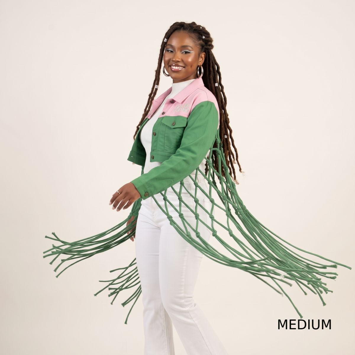 AKA Apparel Medium Pink Green Denim Fringe Jacket