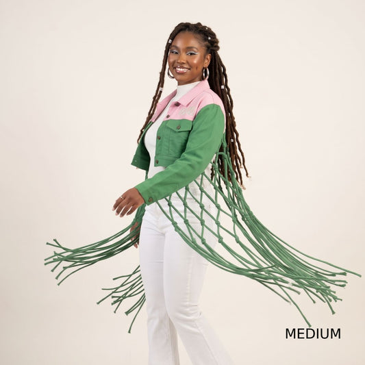 AKA Apparel Medium Pink Green Denim Fringe Jacket