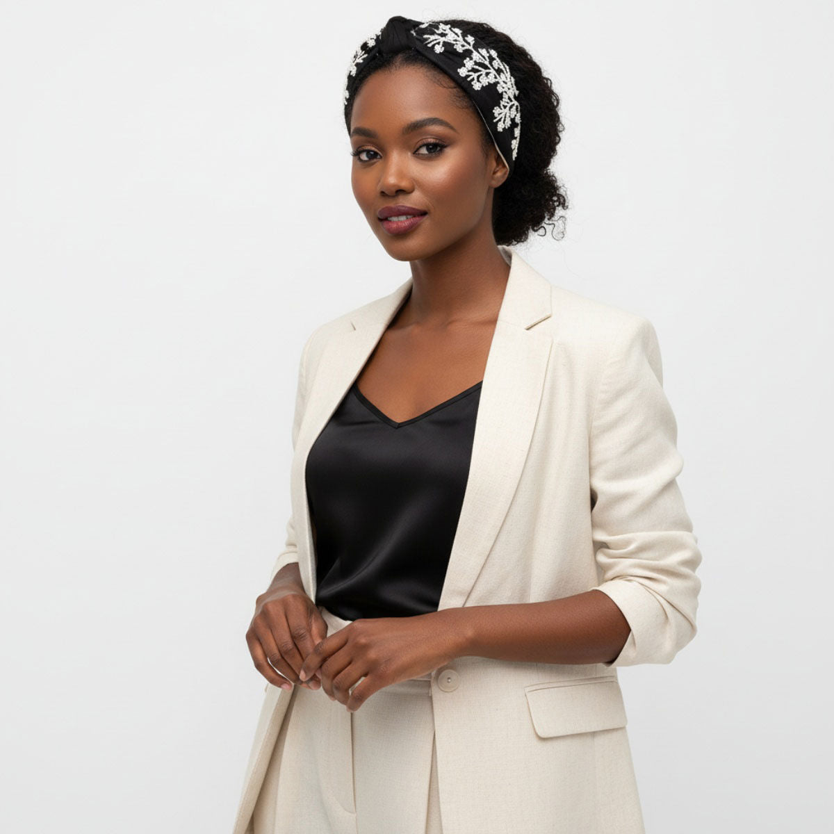 White Bead Embellished Headband