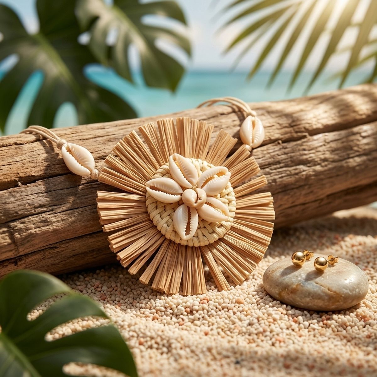 Brown Shell Raffia Pendant Set