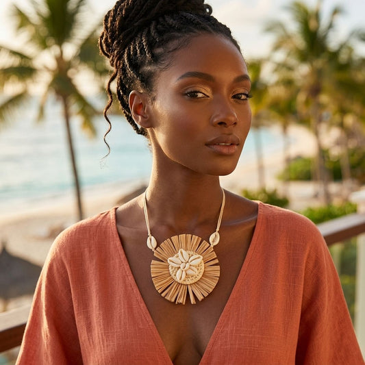 Brown Shell Raffia Pendant Set