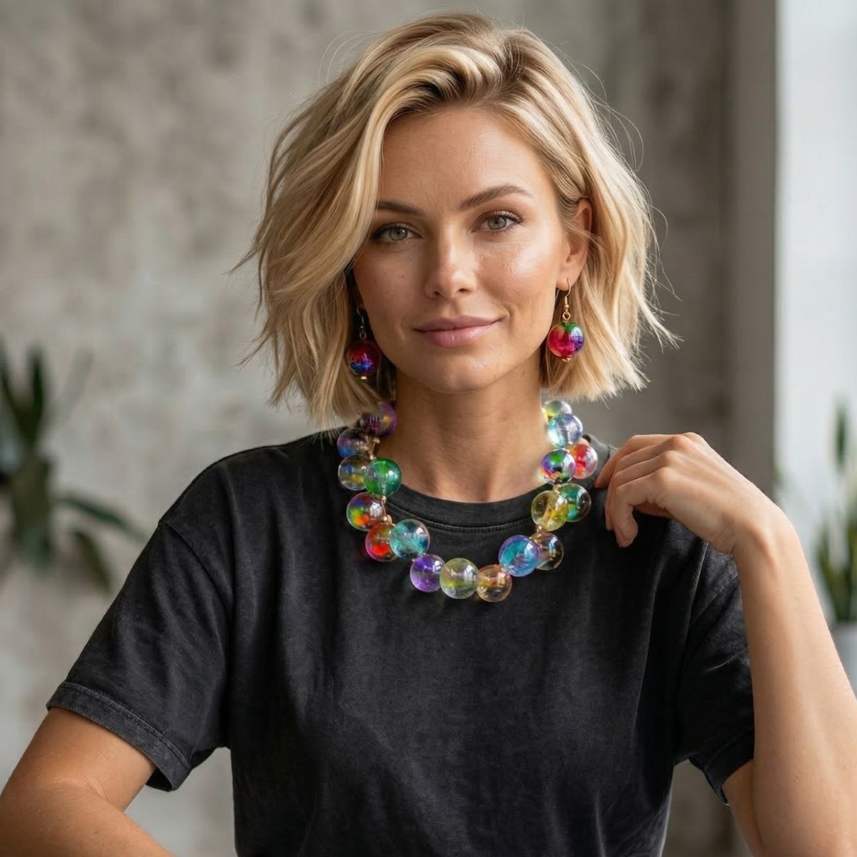 Necklace Dark Multi Iridescent Bubble Ball Bead