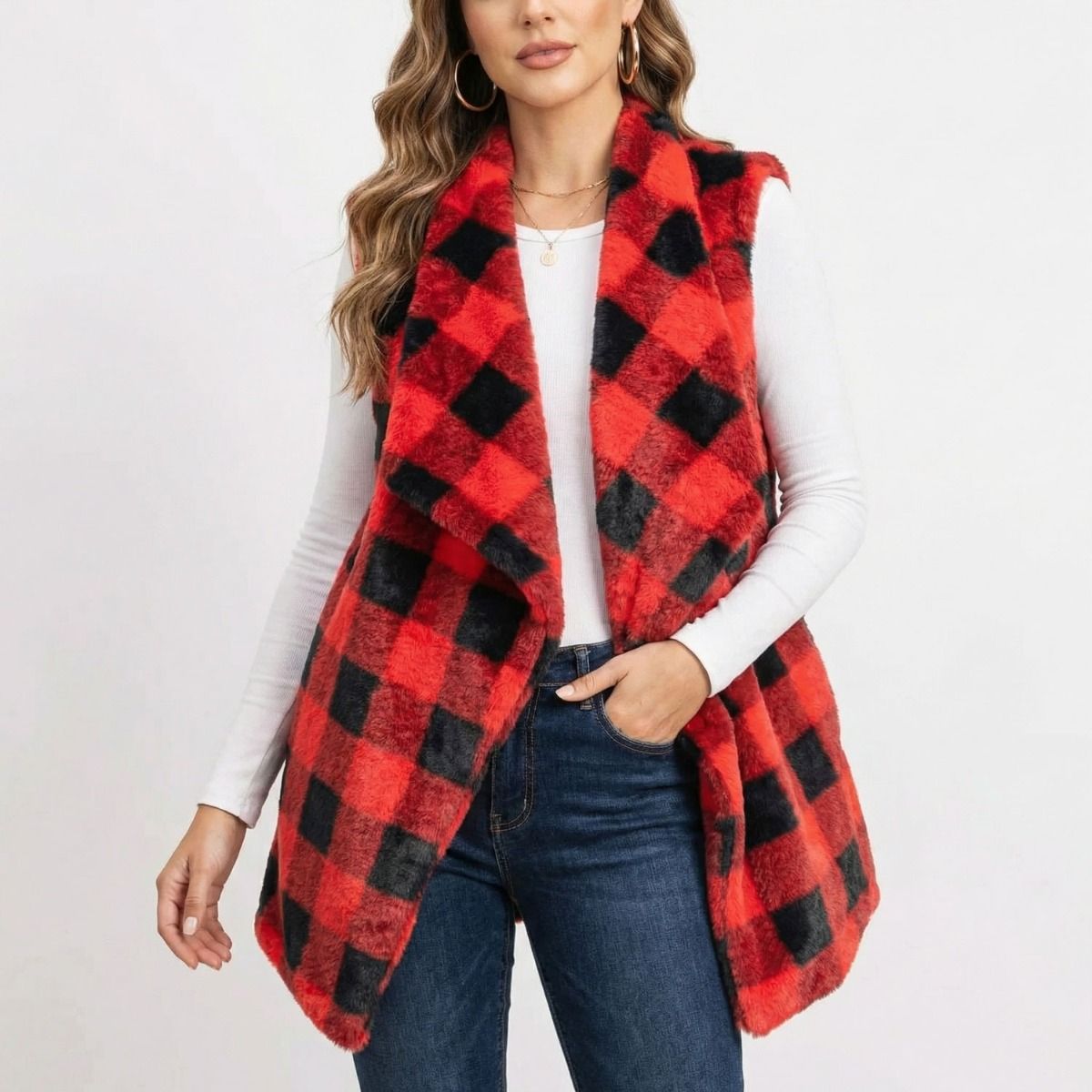 Red Buffalo Plaid Faux Fur Vest