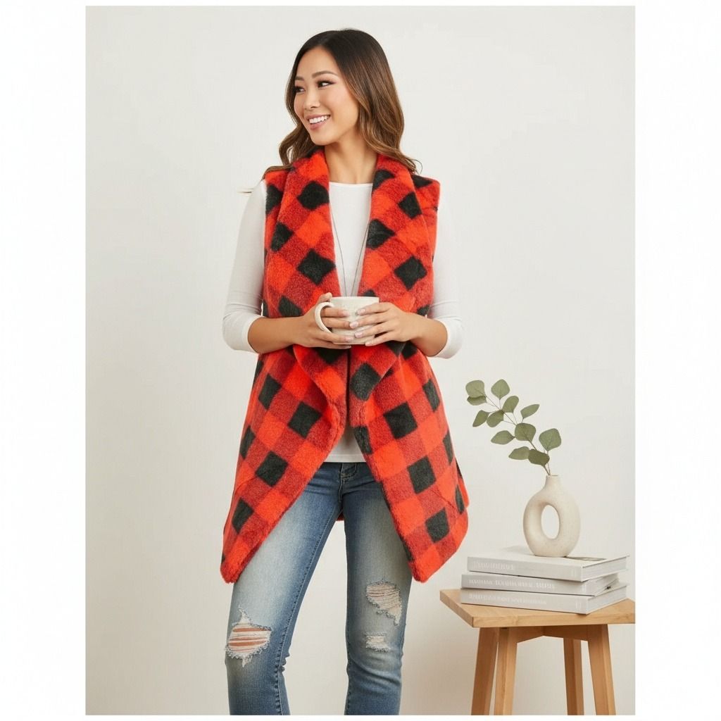 Red Buffalo Plaid Faux Fur Vest