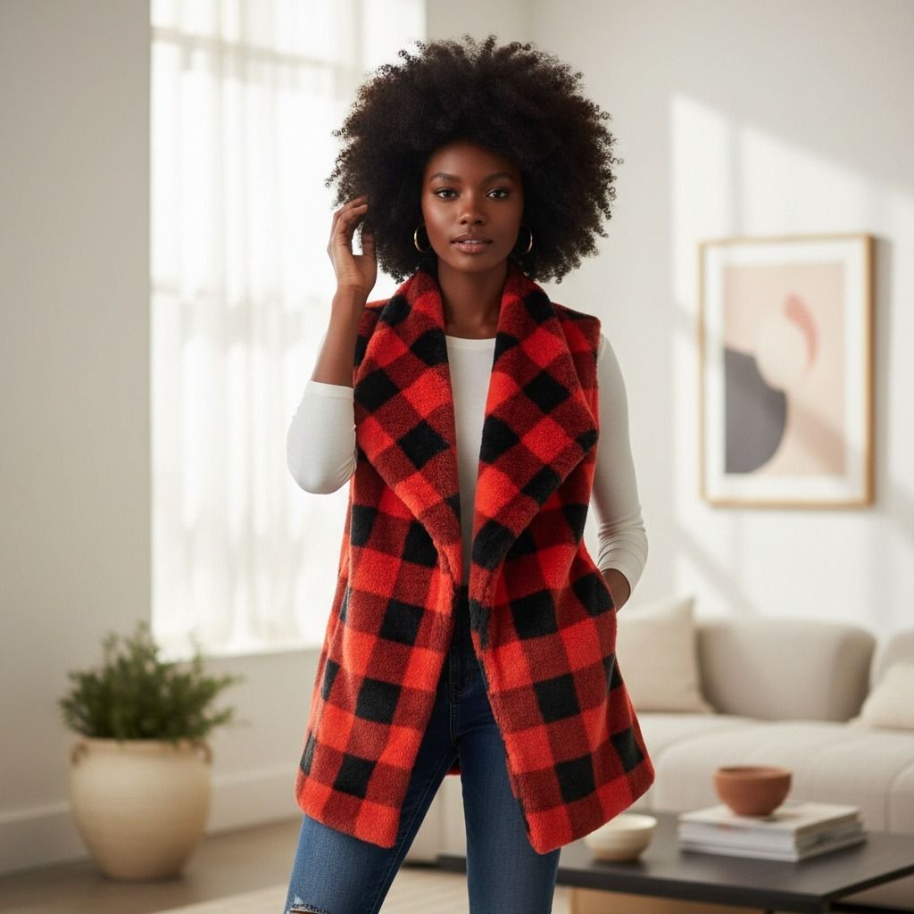 Red Buffalo Plaid Faux Fur Vest