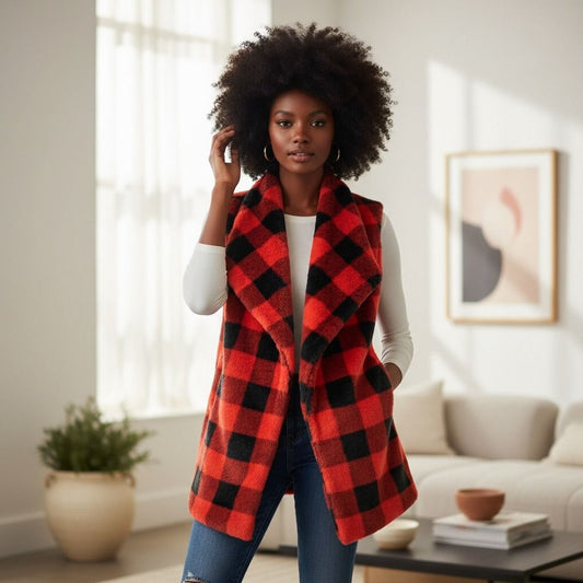 Red Buffalo Plaid Faux Fur Vest