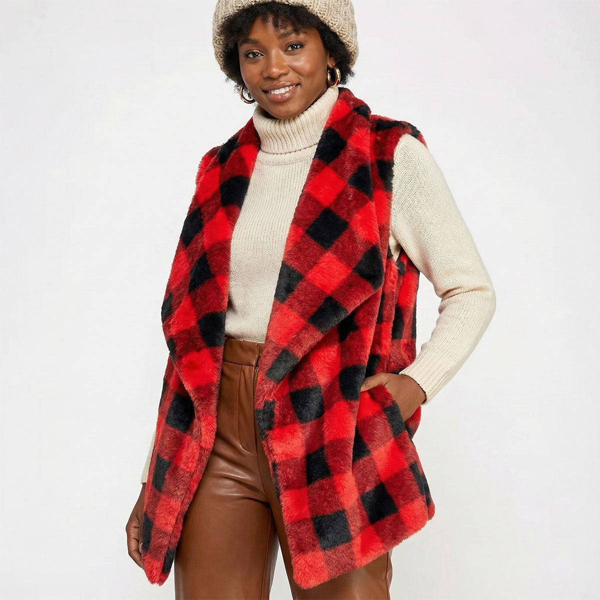 Red Buffalo Plaid Faux Fur Vest