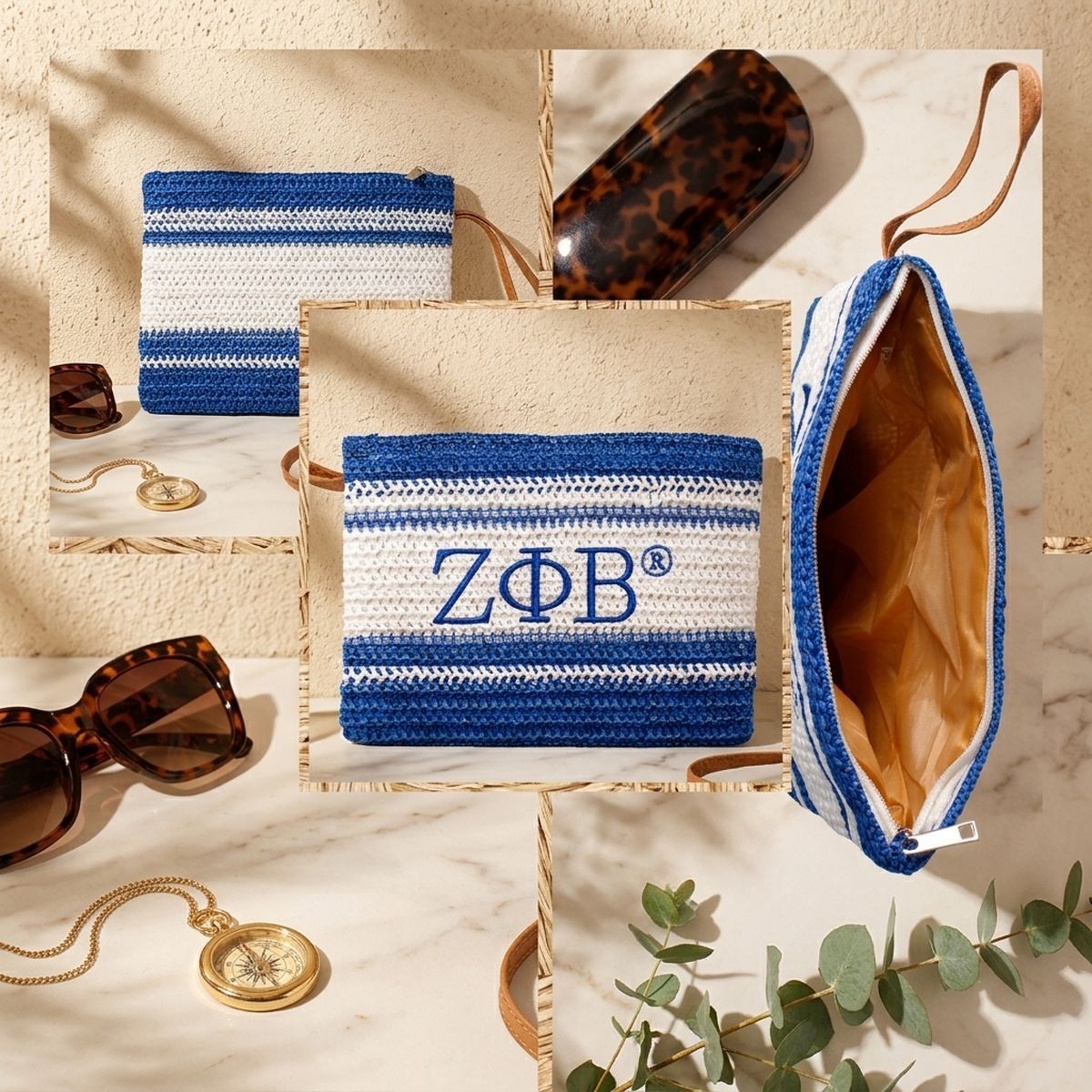 ZPB Faded Blue White Raffia Embroidered Pouch Bag