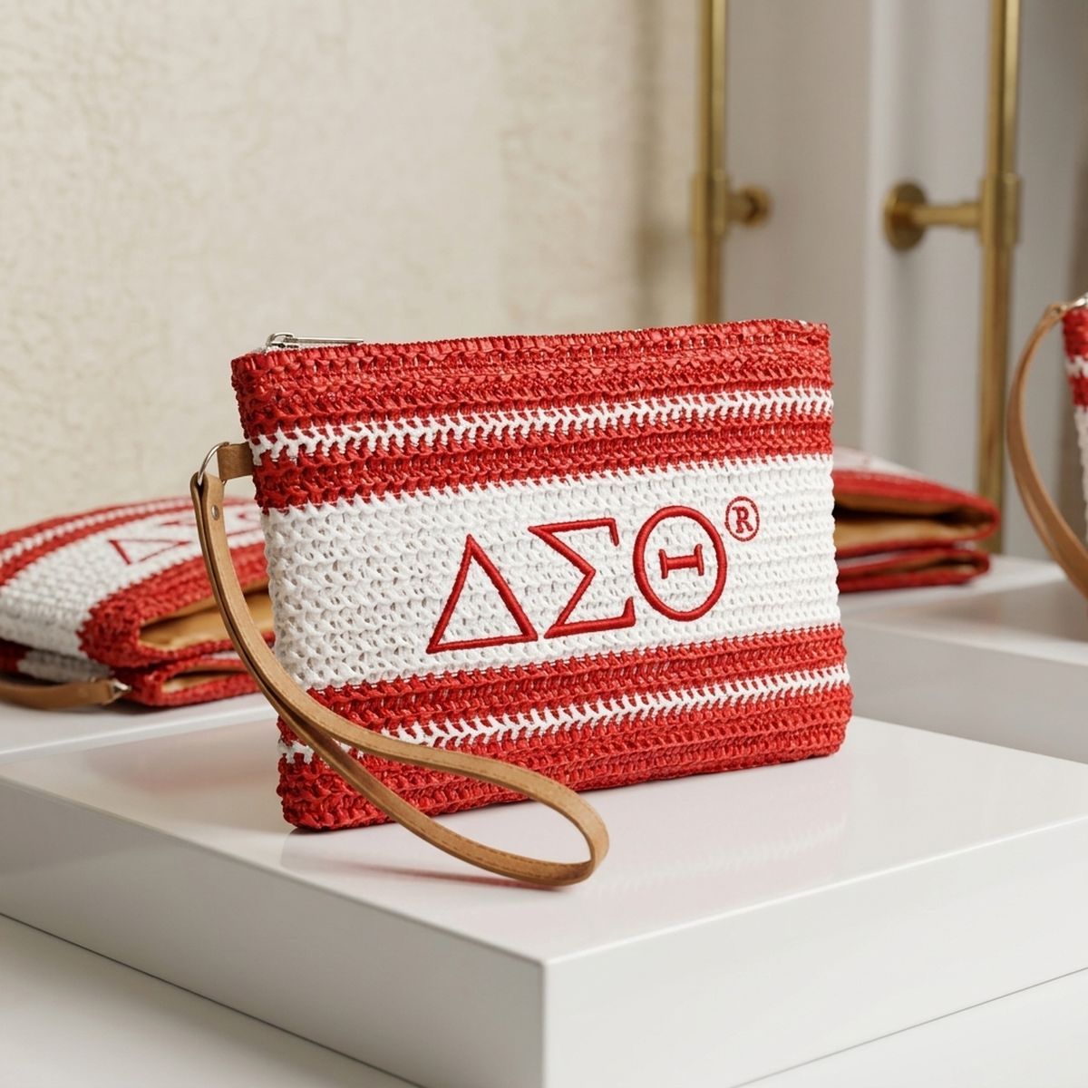 DST Faded Red White Raffia Embroidered Pouch Bag