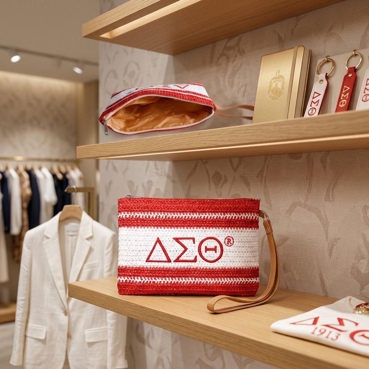 DST Faded Red White Raffia Embroidered Pouch Bag