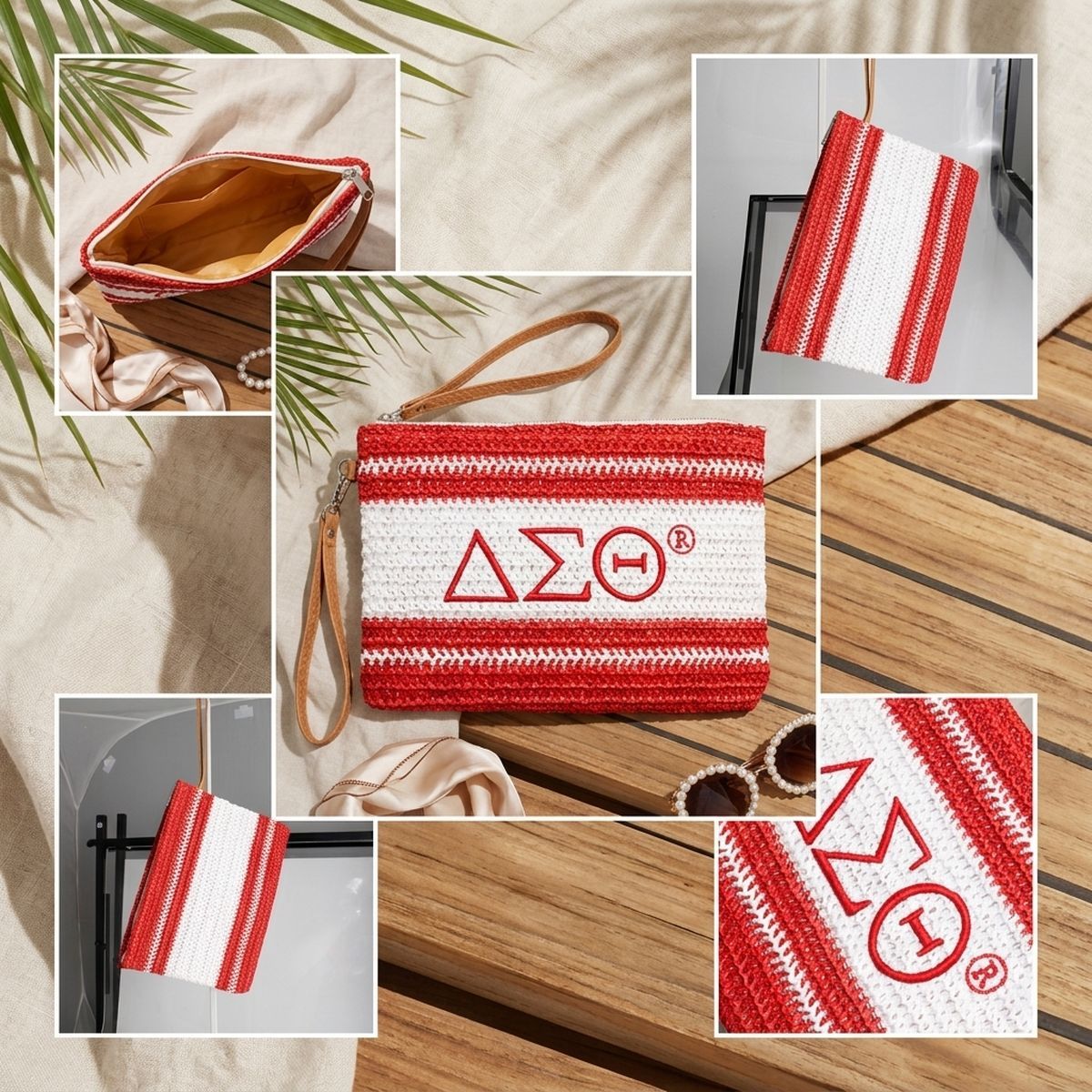 DST Faded Red White Raffia Embroidered Pouch Bag