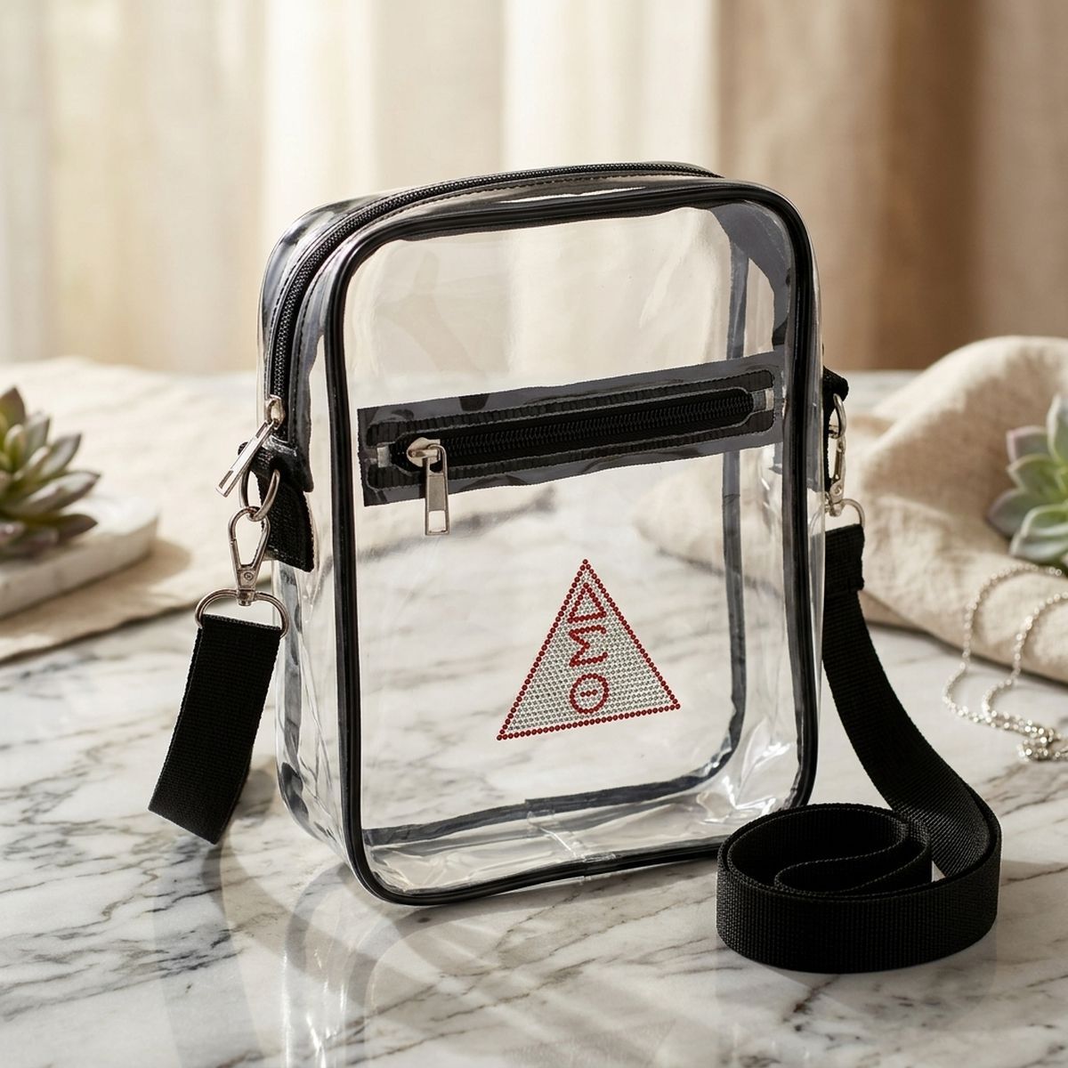DST Black and Clear Greek Stadium Crossbody Bag