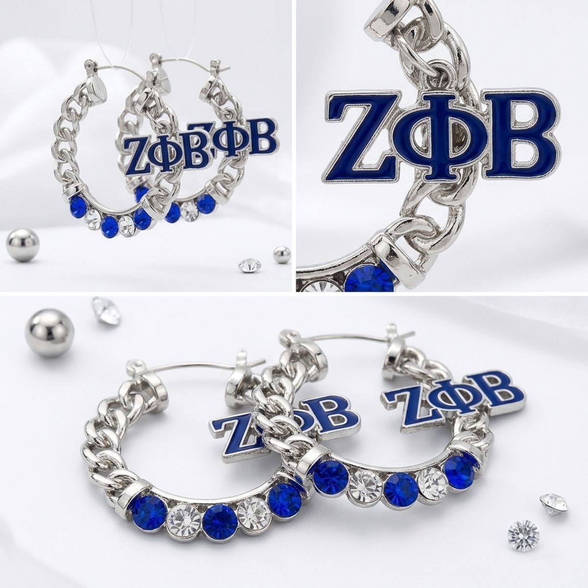 Zeta Phi Beta Rhinestone Chain Hoop Earrings