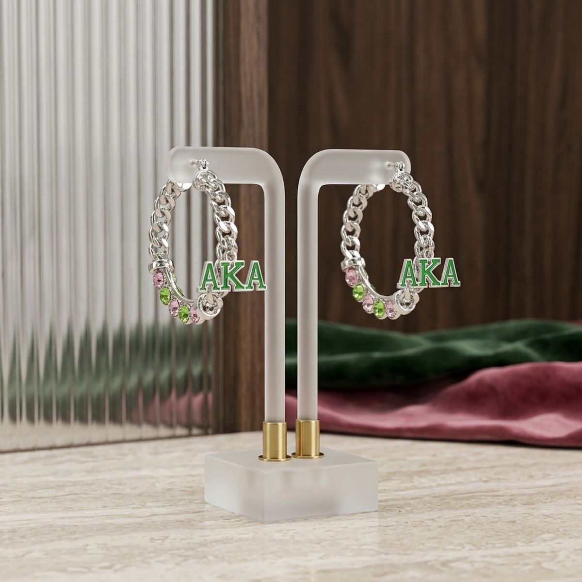 Alpha Kappa Alpha Rhinestone Chain Hoop Earrings