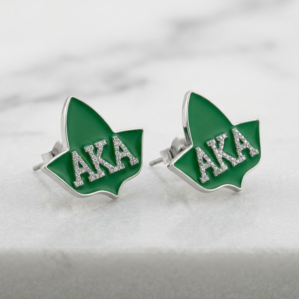 AKA Green Ivy Leaf Rhinestone Silver Stud Earrings