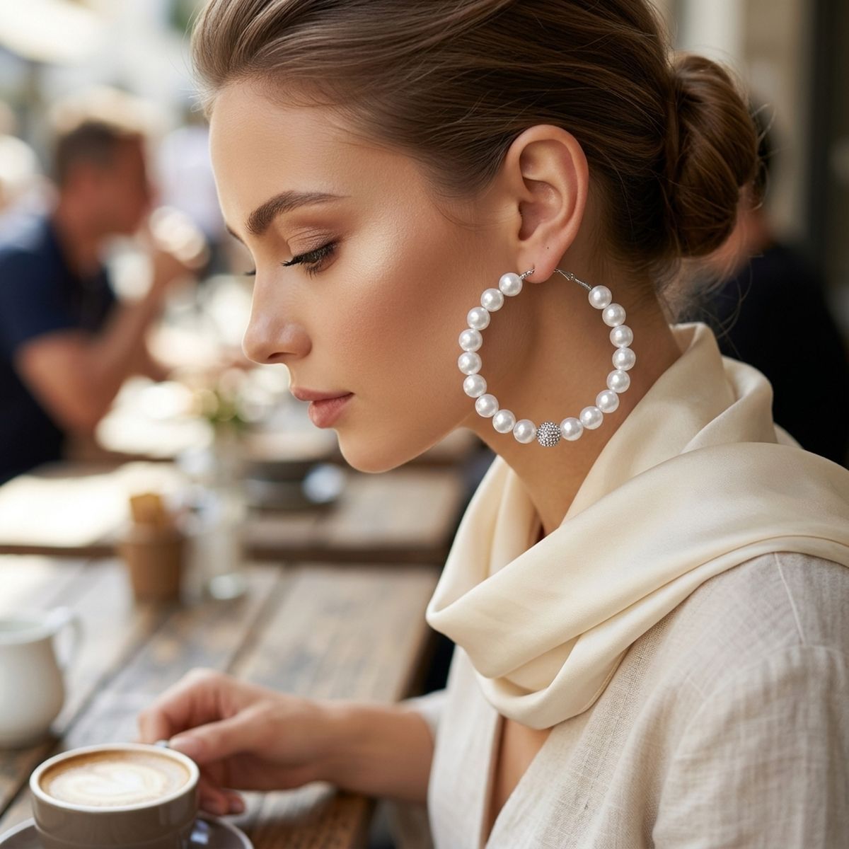 White Pearl & Stone Encrusted Bead Hoop Earrings