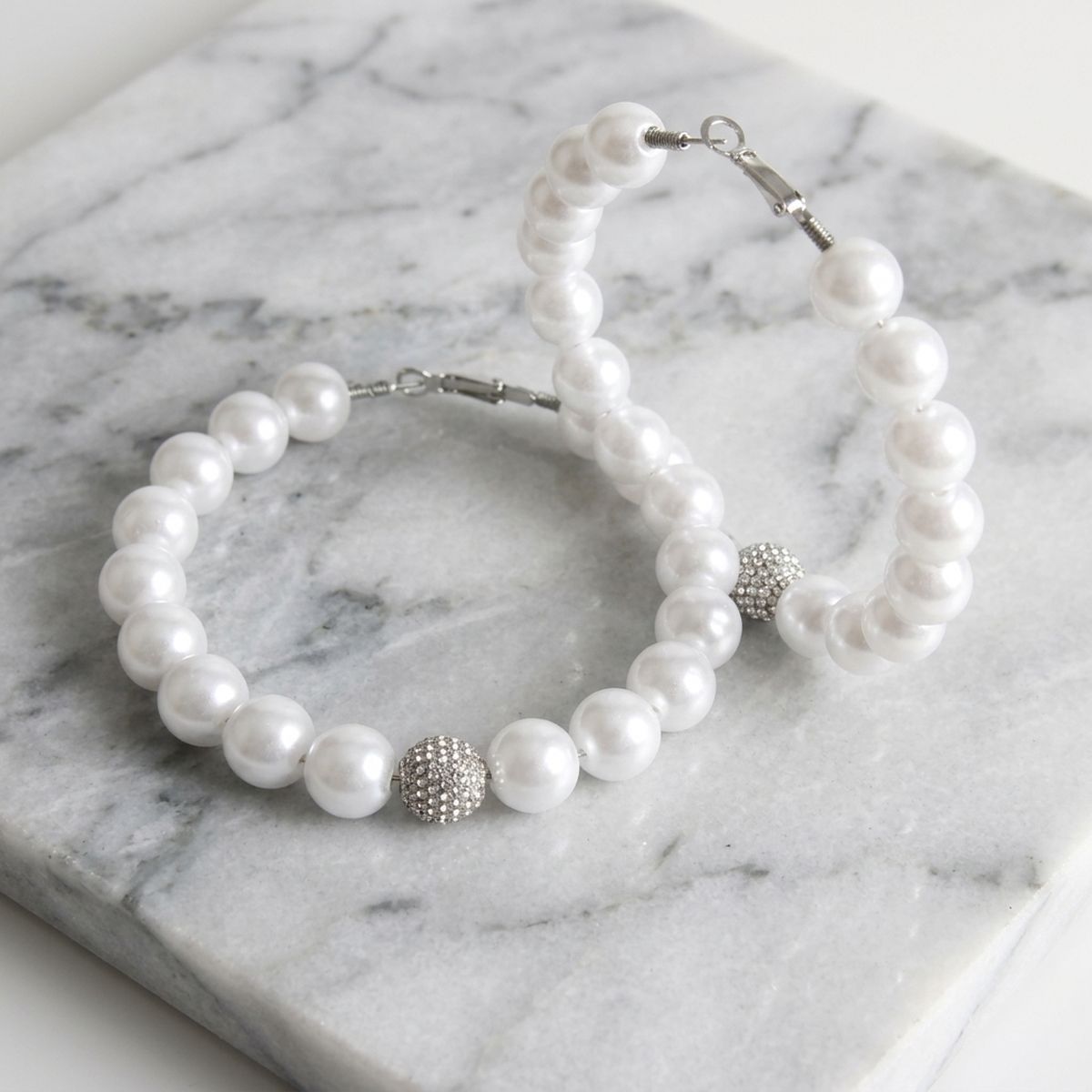 White Pearl & Stone Encrusted Bead Hoop Earrings